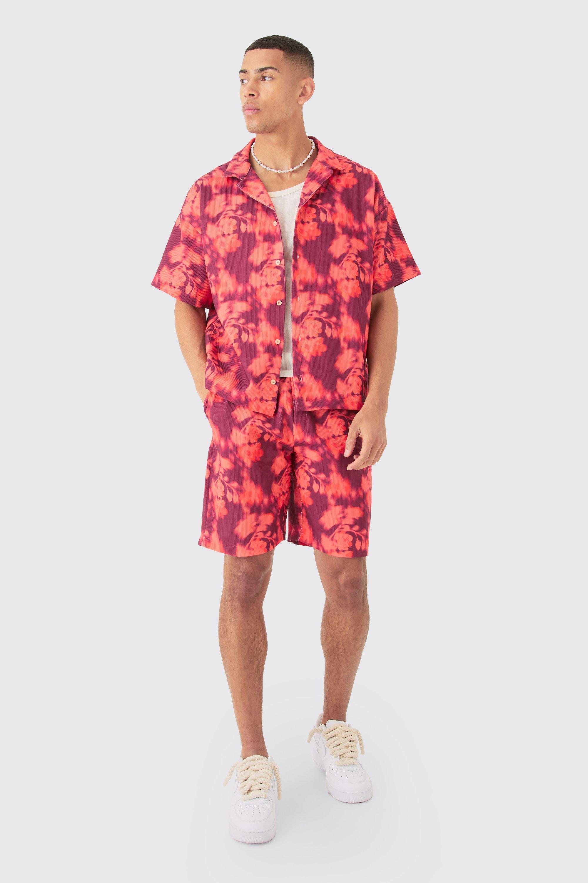 Boxy Abstract Floral Printed Pleated Shirt & Short Set | boohooMAN USA Product Image