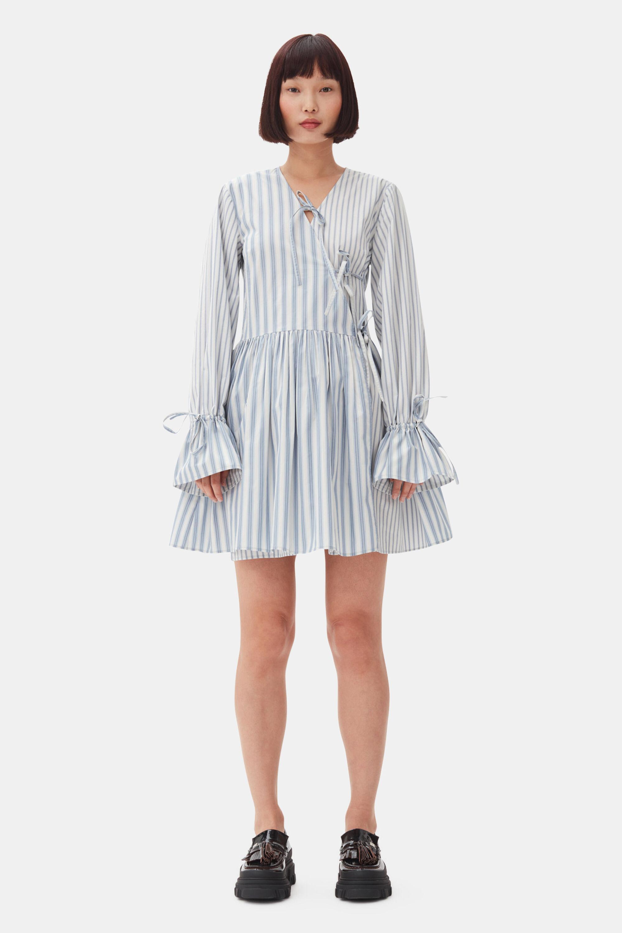 Blue Stripe Cotton Mini Wrap Dress Product Image