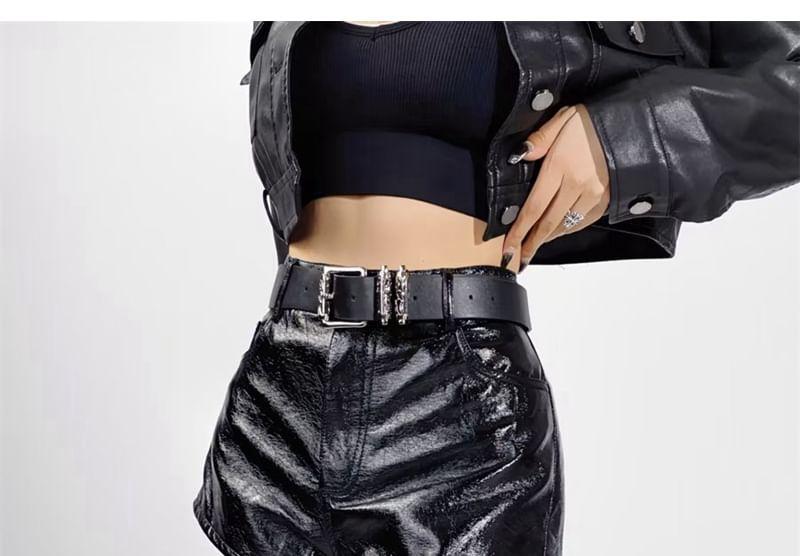 High Waist Plain Faux Leather Shorts Product Image