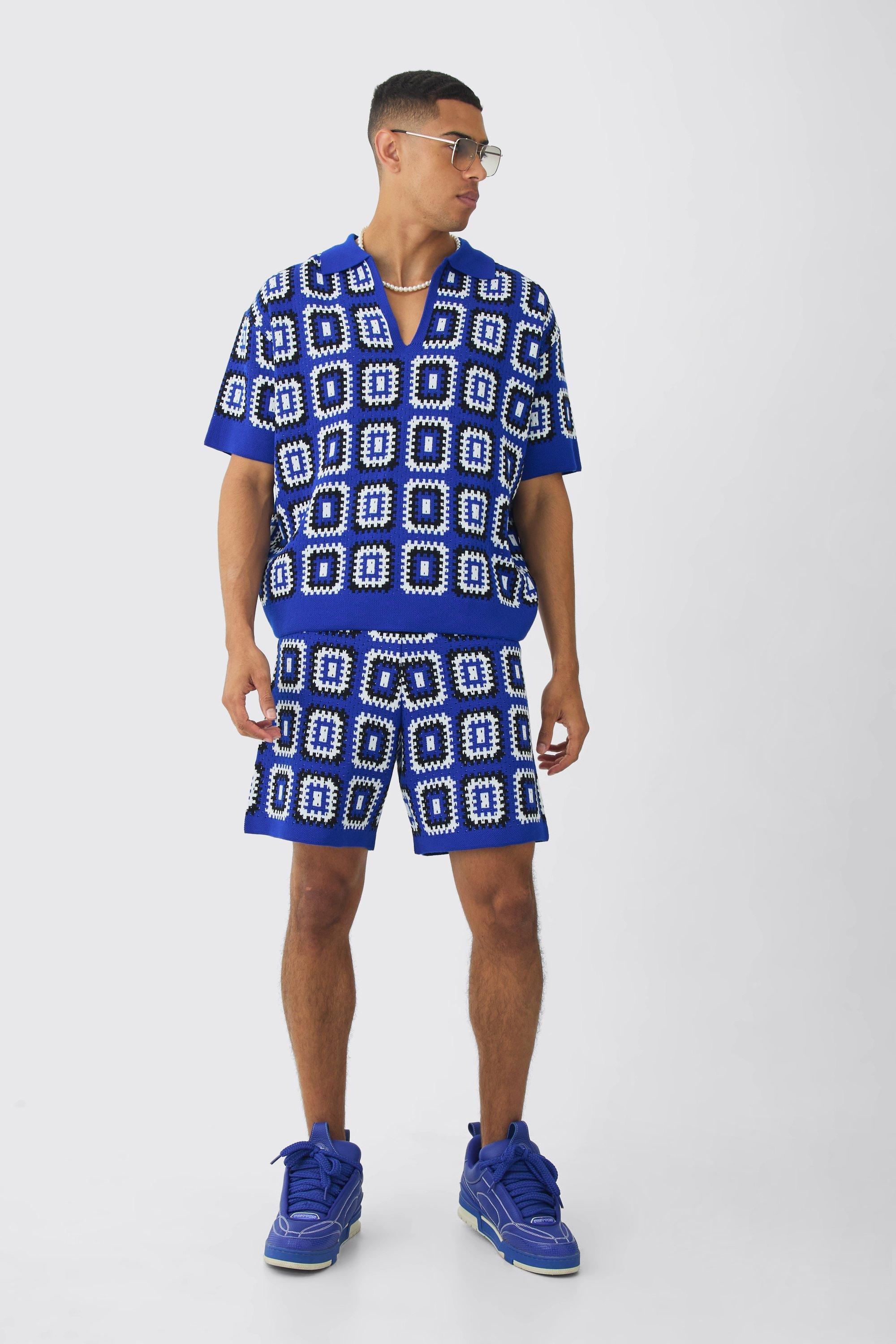 Mens Blue Oversized Boxy Crochet Knit Polo And Short Set, Blue Product Image