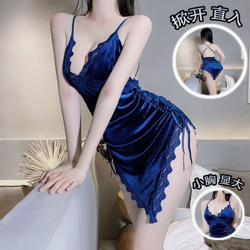 Set: V-Neck Plain Drawstring Lace Panel Velvet Babydoll + Thong Product Image