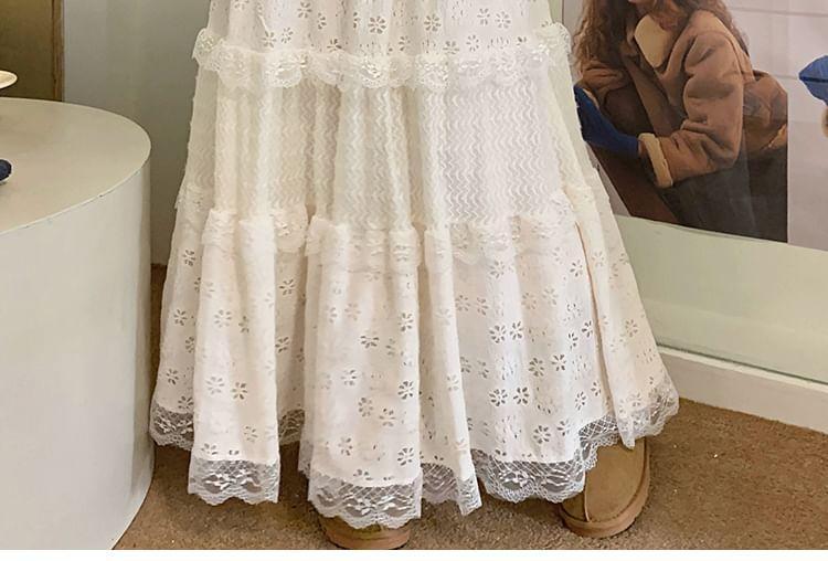 High Waist Plain Lace Panel Maxi A-Line Skirt Product Image