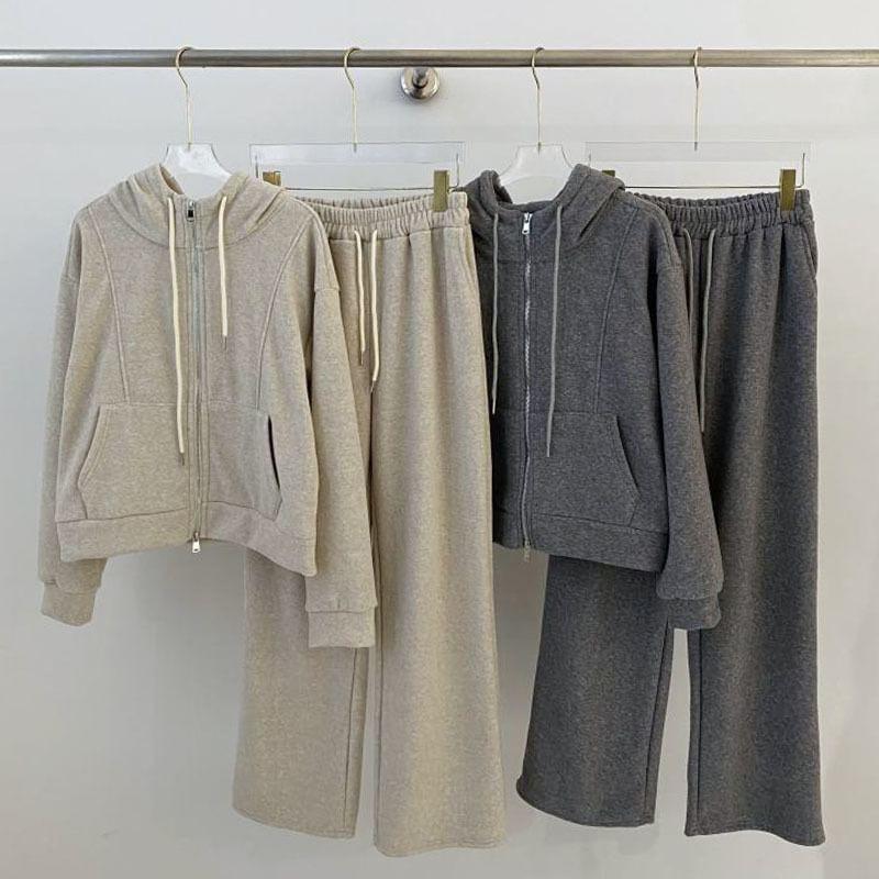 Zip-Up Plain Hoodie / High Waist Wide Leg Sweatpants Product Image