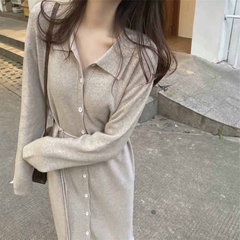 Long-Sleeve Collar Button Sashed Midi Sweater Dress Product Image