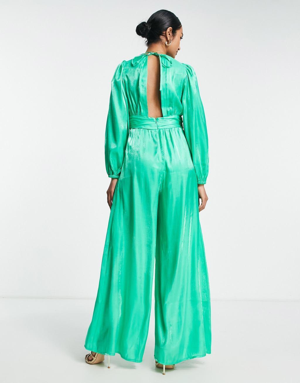 Topshop ruched waist plunge satin jumpsuit in green Product Image