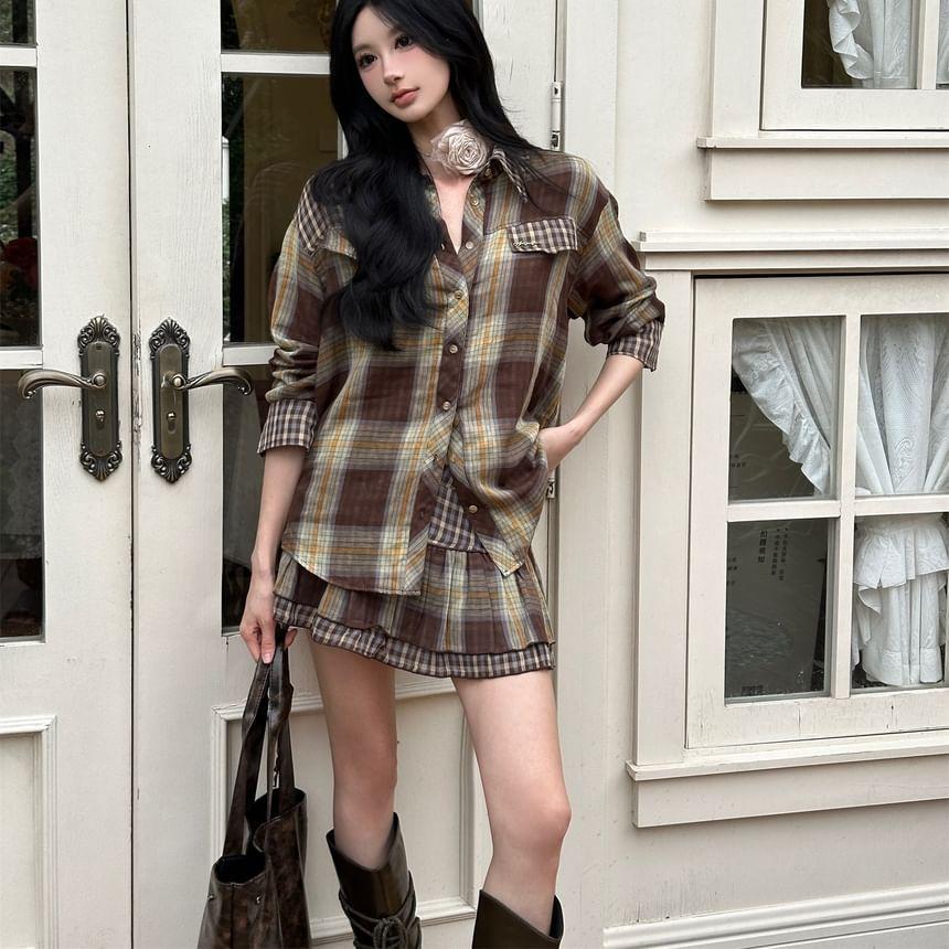 Long Sleeve Plaid Loose-Fit Shirt / Low Waist Mini Layered Mini A-Line Skirt Product Image