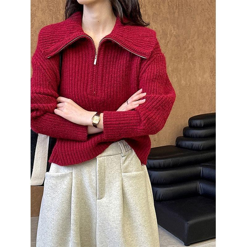 Plain Half Zip Ribbed Sweater Product Image