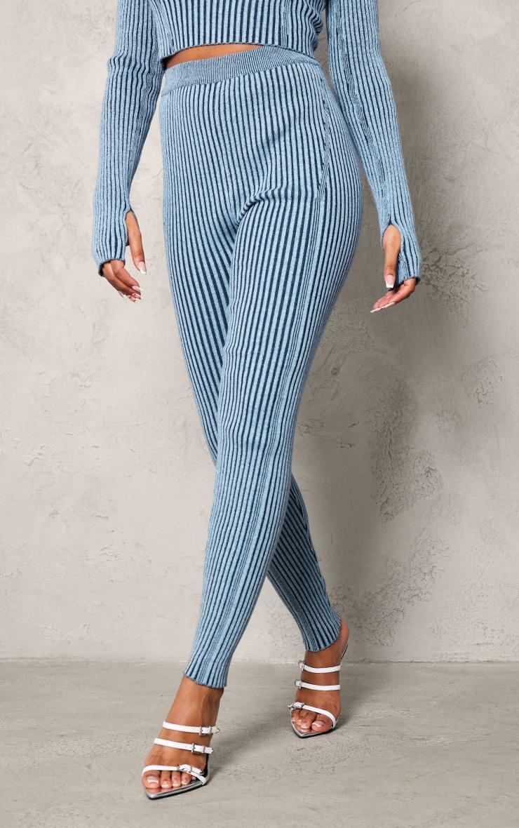 Blue Two Tone Chunky Rib Knit Leggings Product Image