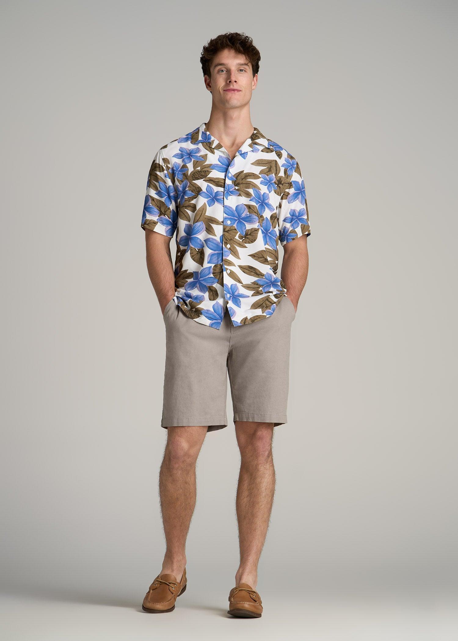 Short Sleeve Resort Shirt for Tall Men in Blue Tropical Print Product Image