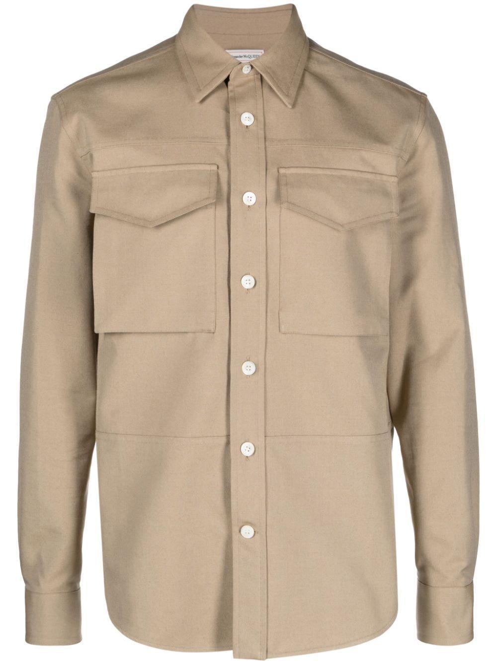 Cargo-pocket Cotton Shirt In Beige Product Image