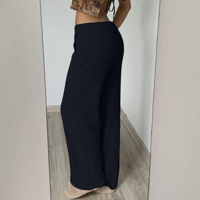 Low Rise Drawstring Plain Knit Straight-Fit Wide-Leg Pants Product Image