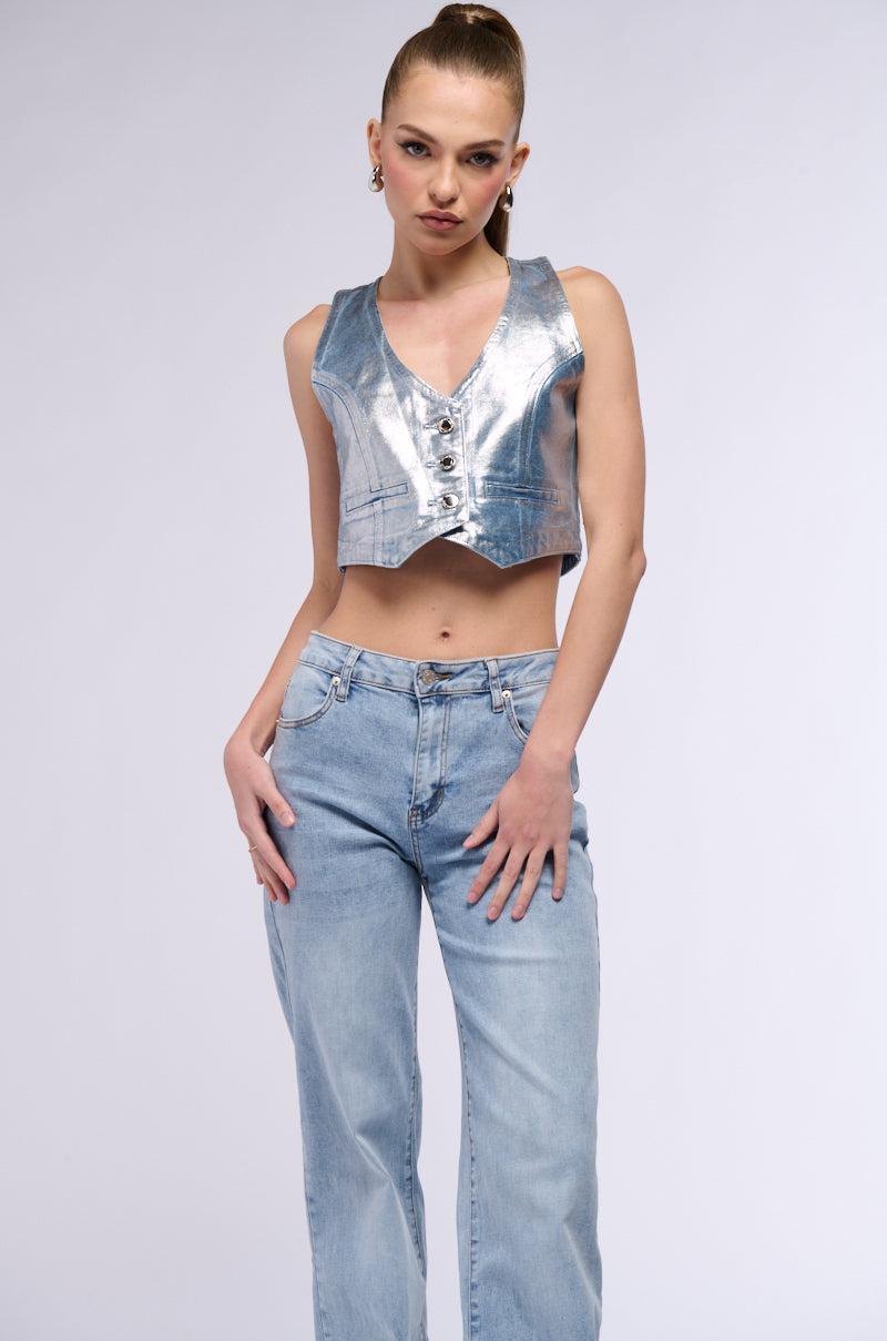 METALLIC DENIM CROP VEST Product Image