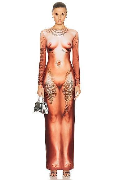 Jean Paul Gaultier Printed Corps Long Sleeve High Neck Dress in Nude Product Image