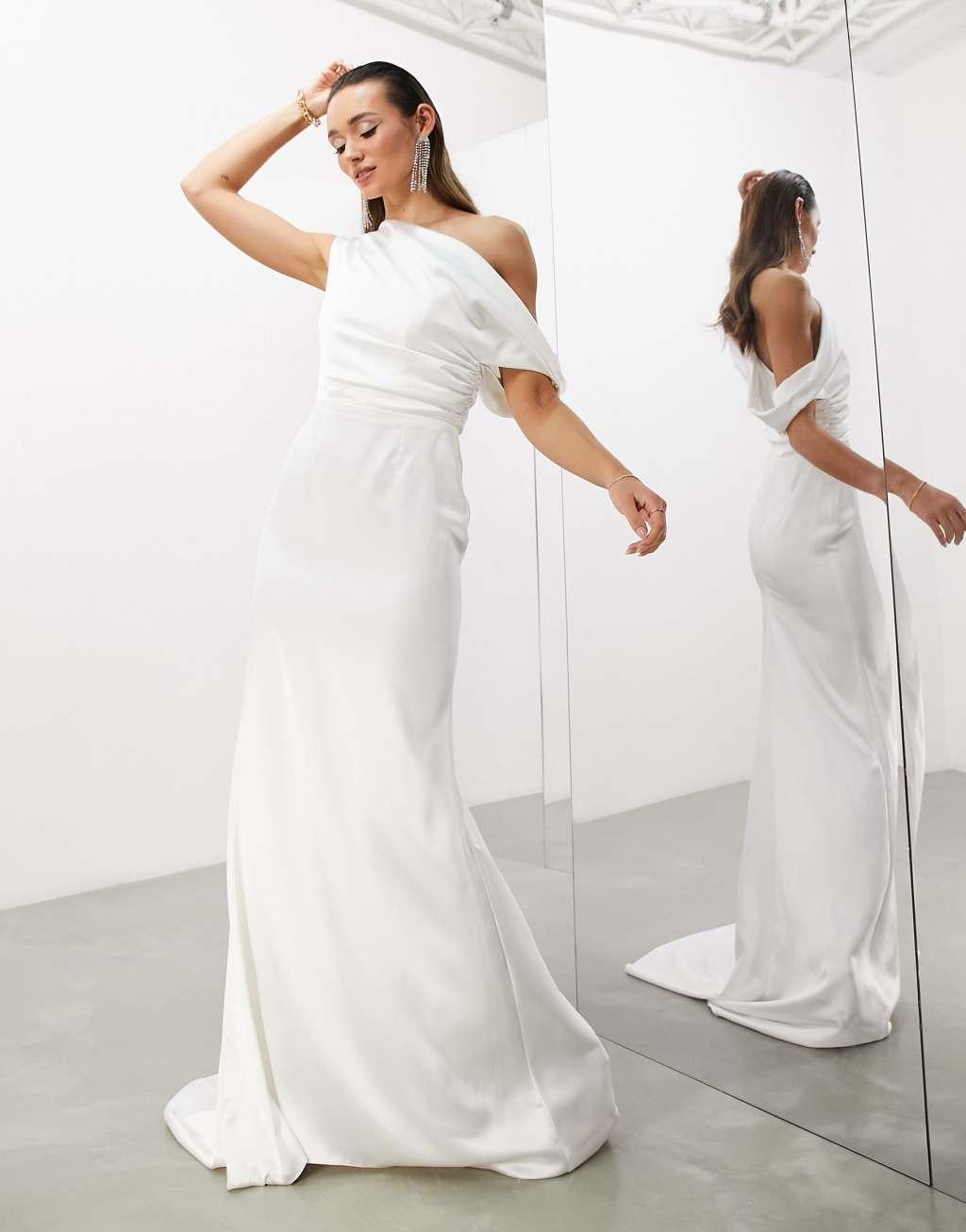 ASOS DESIGN Larisa satin draped shoulder bodice wedding dress with fishtail in ivory Product Image