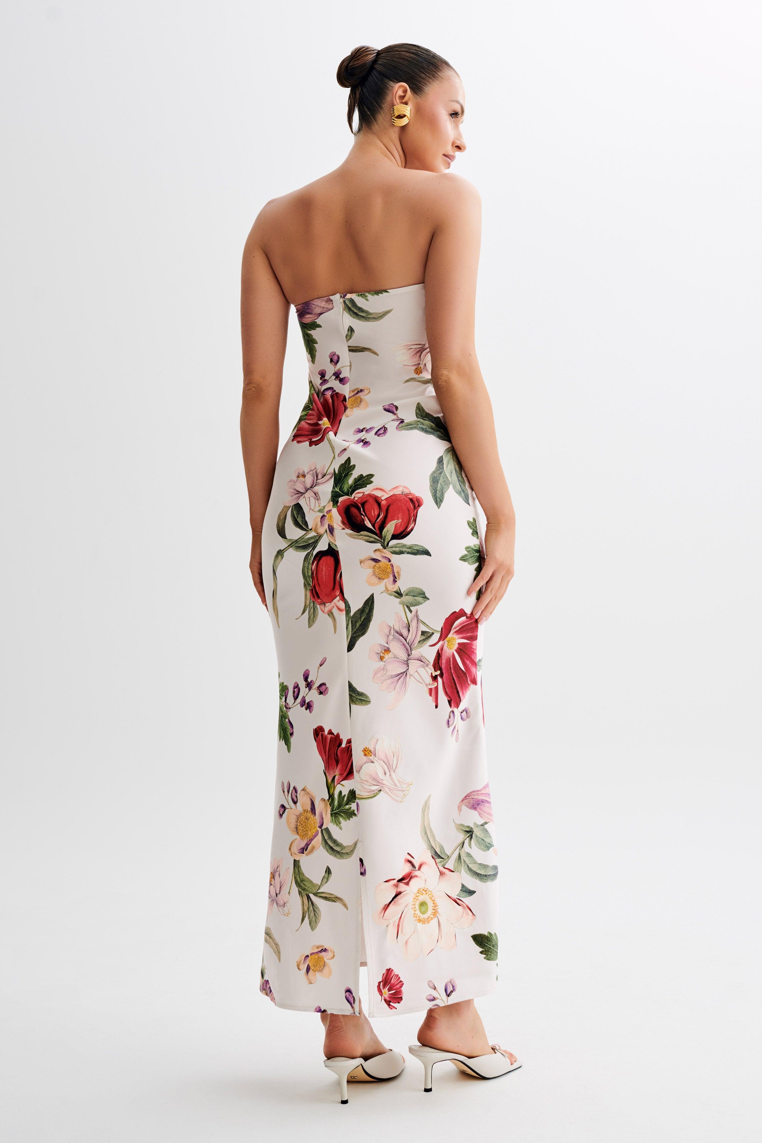 Claudette Strapless Satin Maxi Dress - Bella Rosa Print Product Image