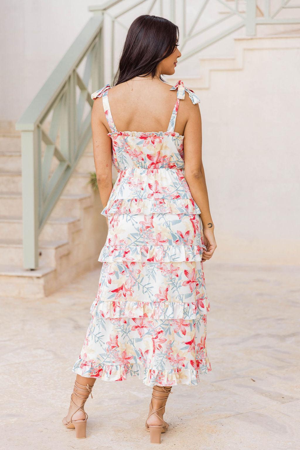 Stay In Paradise Floral Tiered Satin Midi Dress FINAL SALE Product Image