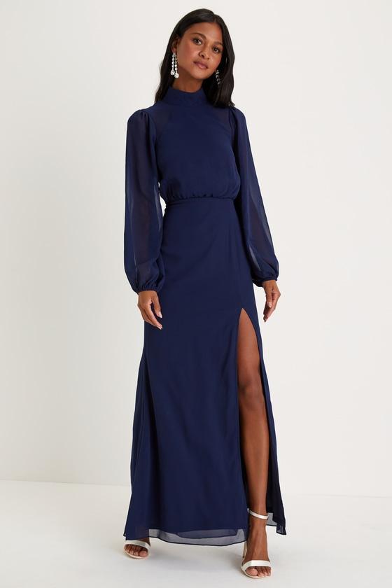 Graceful Entrance Navy Blue Long Sleeve Backless Maxi Dress Product Image