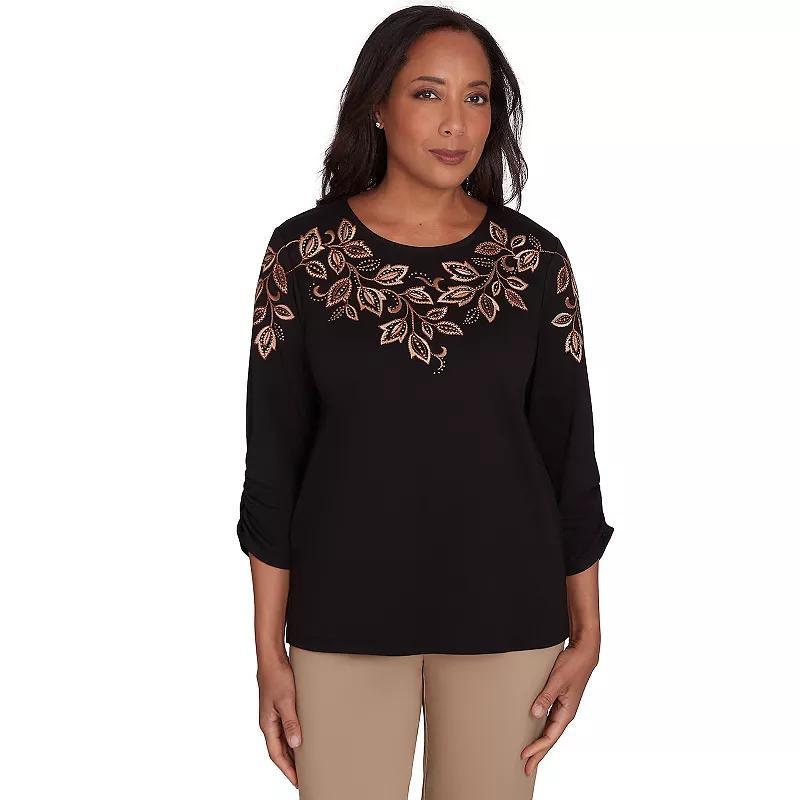 Alfred Dunner Womens Rue Rivoli Leaf Embroidered Sweater Top with Ruched Sleeves Product Image