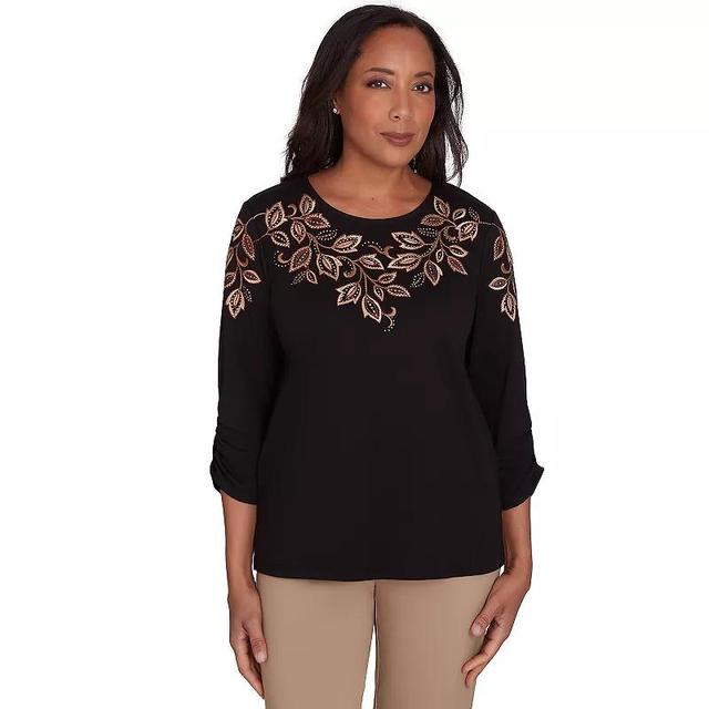 Womens Alfred Dunner Leaf Embroidered Sweater Top with Ruched Sleeves Product Image