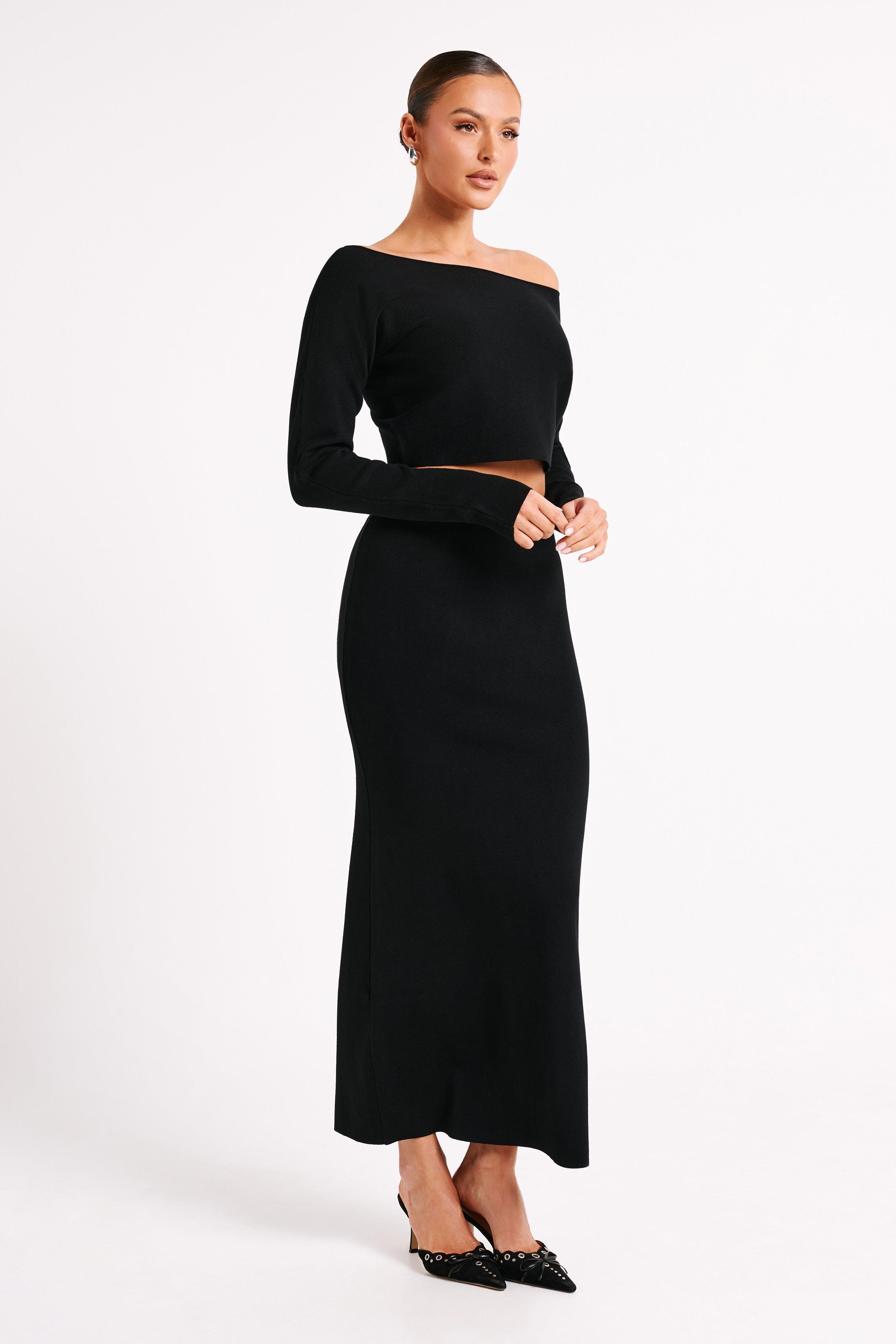 Avani Mid Rise Knit Maxi Skirt - Black Product Image