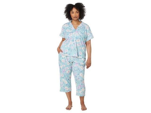 Karen Neuburger Plus Short Sleeve Girlfriend Capri PJ Set with Lace Detail (Siesta Floral) Women's Pajama Sets Product Image