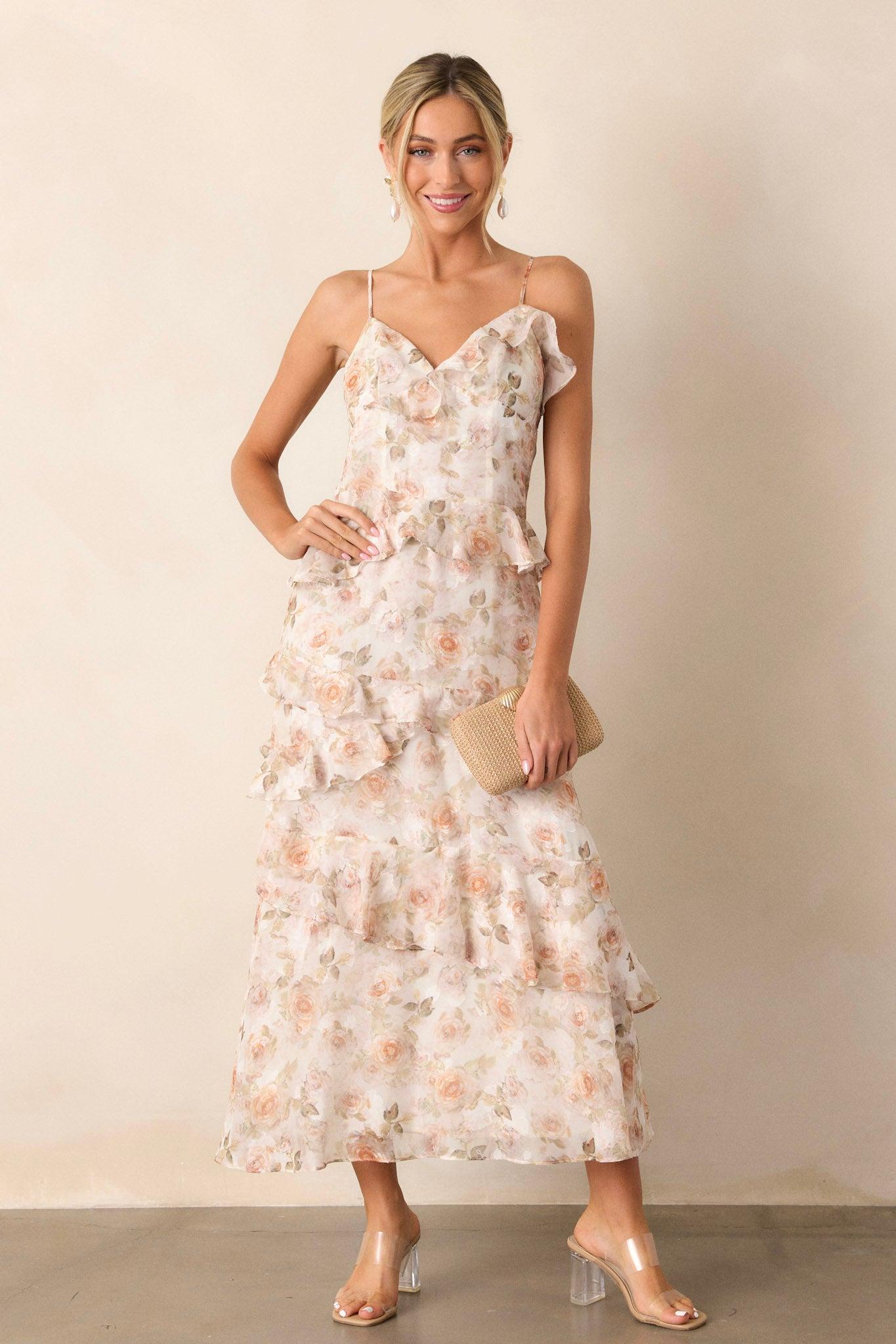 Searching For Love Ivory Floral Ruffle Midi Dress Product Image