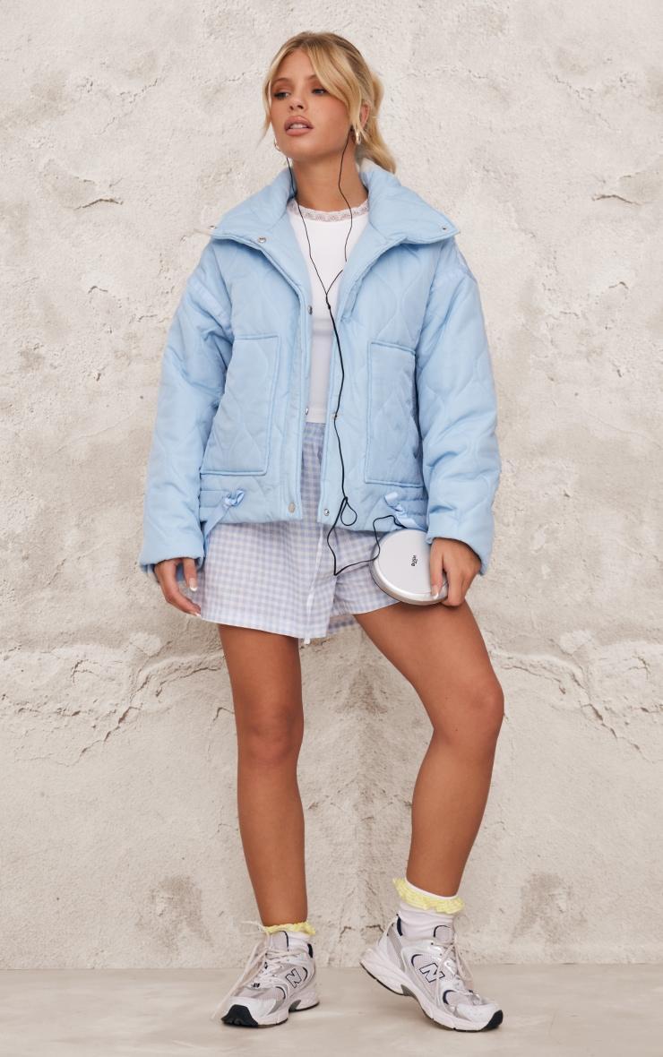 Light Blue Wave Quilted Contrast Binding Longline Jacket Product Image