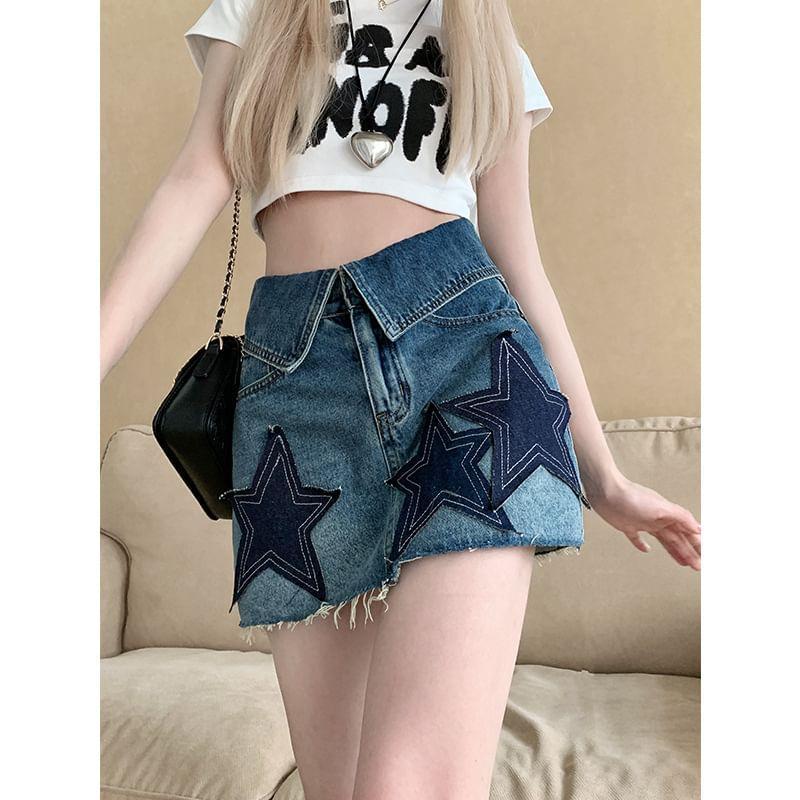 High Waist Washed Denim Star Mini Pencil Skirt Product Image