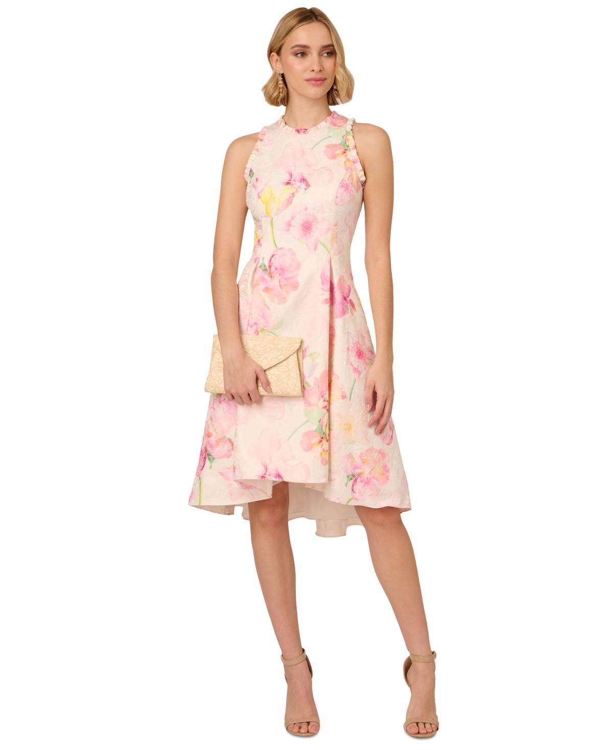 Adrianna Papell Womens Floral Jacquard Ruffle-Trim Dress Product Image