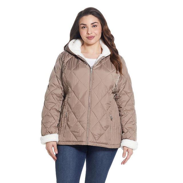 Plus Size Weathercast Sherpa-Trim Quilted Puffer Jacket, Womens Brown Product Image