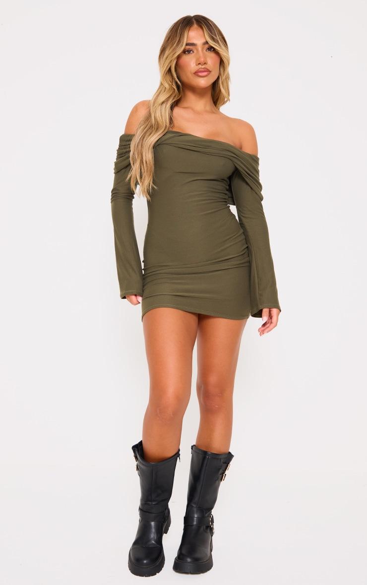 Khaki Soft Touch Twist Bardot Bodycon Dress Product Image