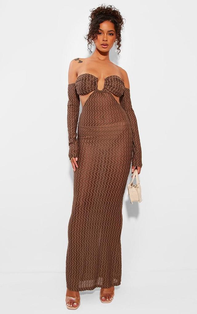 Chocolate Brown Ribbed Bardot Long Sleeve Cut Out Maxi Dress Product Image