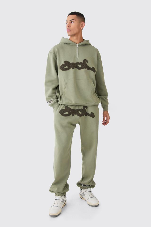 Mens Green 1/4 Zip Oversized Towelling Applique Tracksuit, Green Product Image