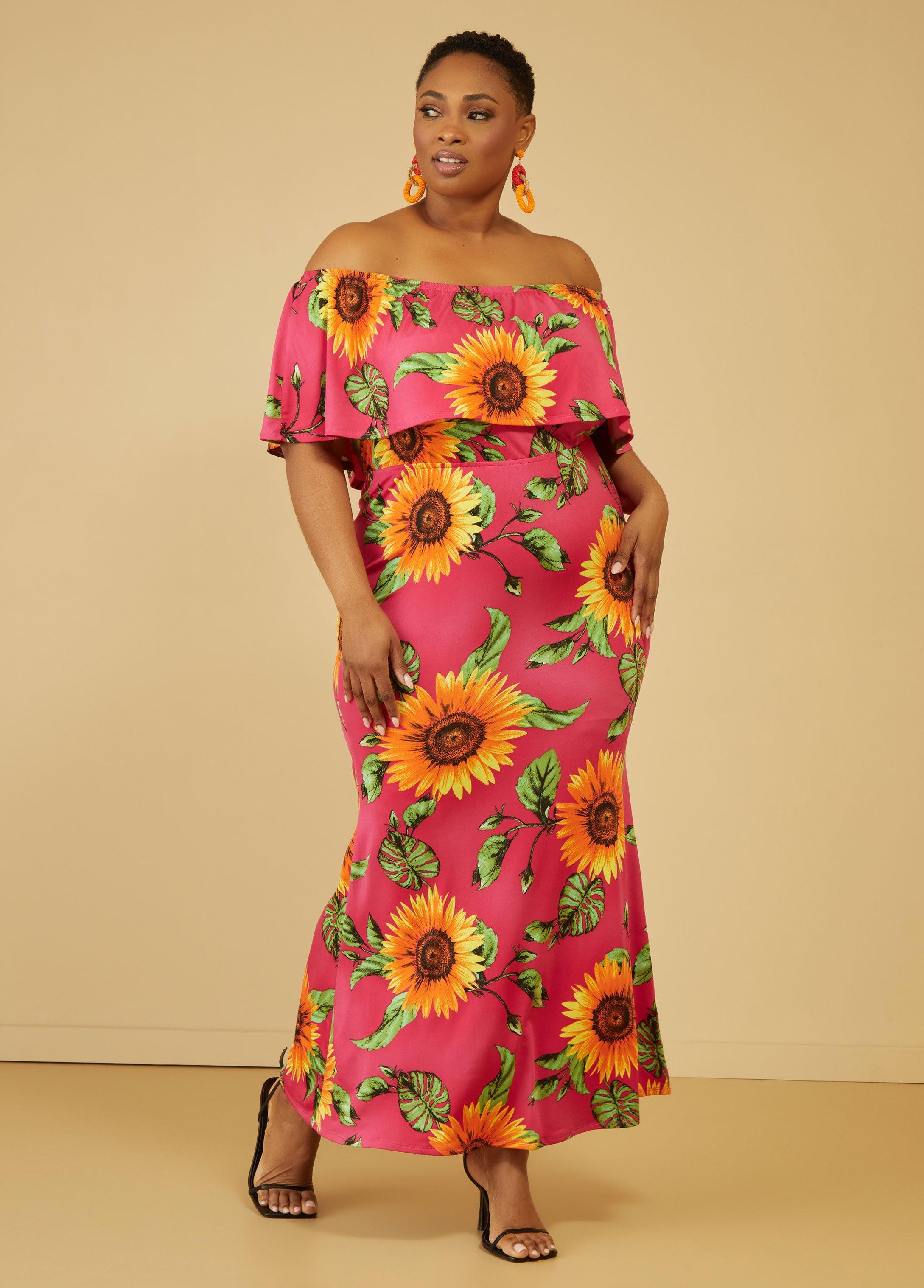 Plus Size Off The Shoulder Sunflower Dress Ashley Stewart Product Image