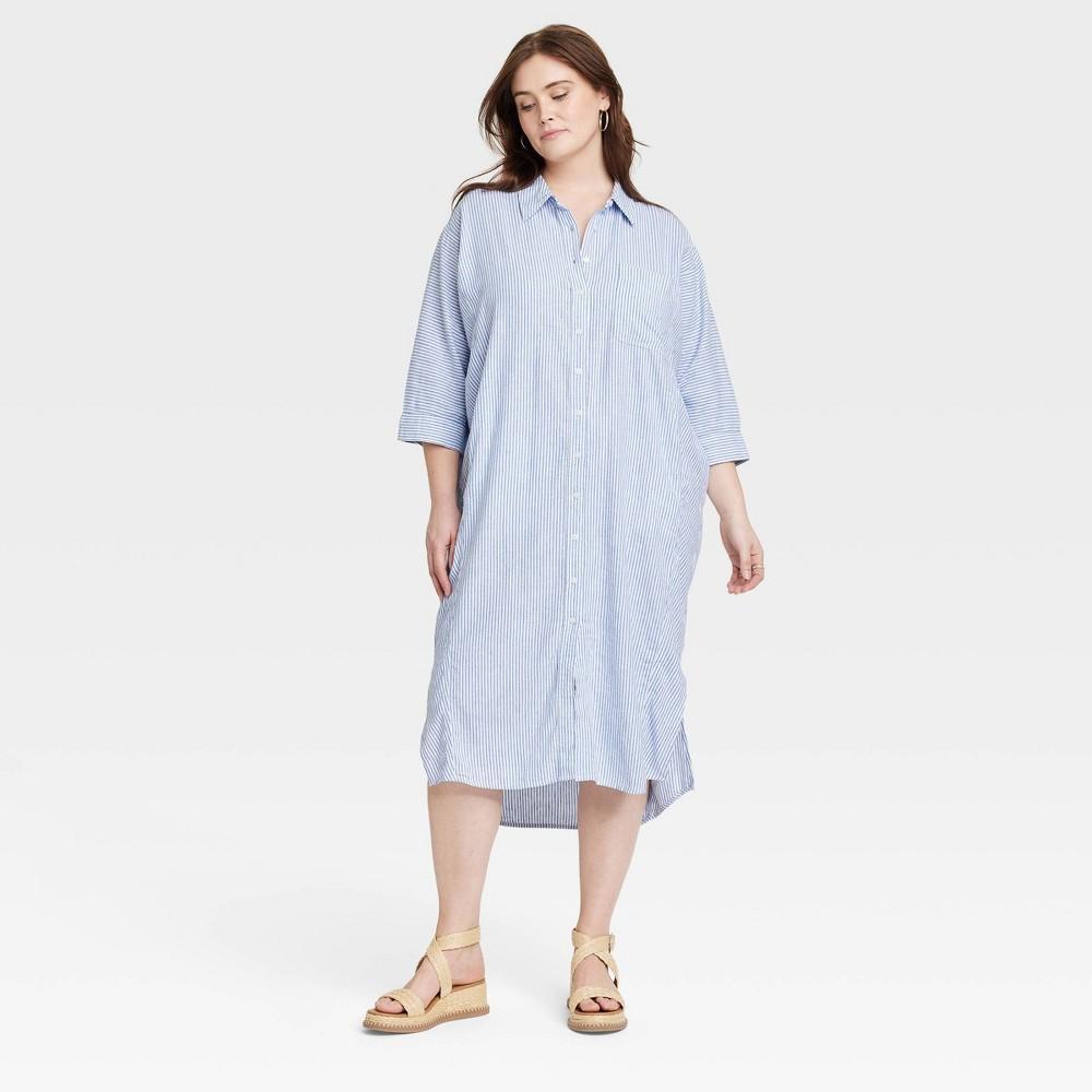 Womens 3/4 Sleeve Midi Shirtdress - Universal Thread Blue Striped XXL Product Image