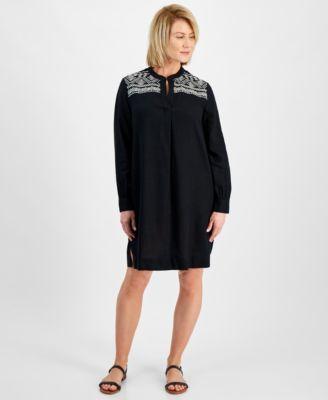 Petite Bruno Embroidered Popover Linen-Blend Shift Dress, Created for Macy's Product Image