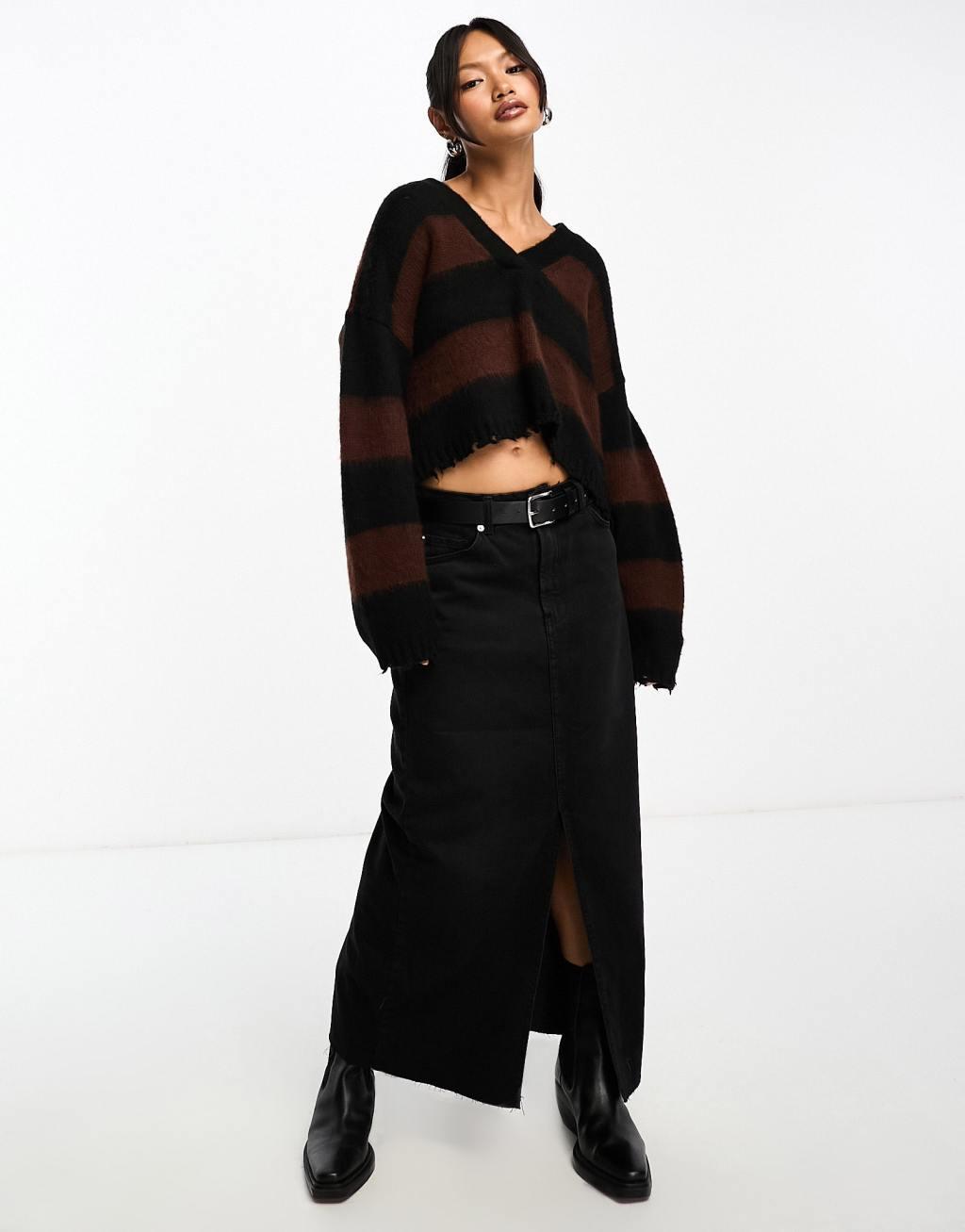 AllSaints Lou crop v neck knitted sweater in black and brown stripe Product Image