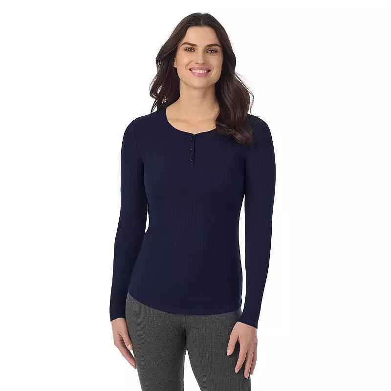 Womens Cuddl Duds Stretch Rib Long Sleeve Crew Henley Top Blue Blazer Product Image