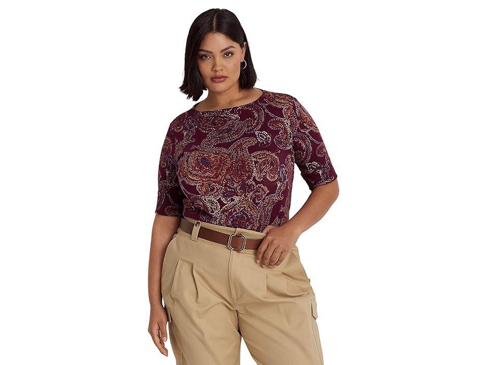 Lauren Ralph Lauren Plus Size Paisley Print Stretch Cotton Boat Neck Short Sleeve Top Product Image