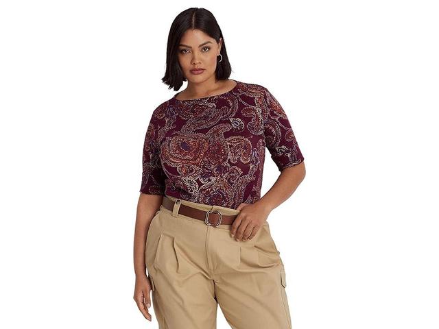 Lauren Ralph Lauren Plus Size Paisley Stretch Cotton Boatneck Top Multi) Women's Clothing Product Image