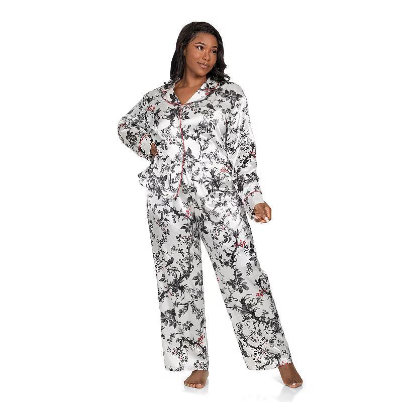 Plus Size Lilac+London Satin Notch Collar Pajama Top & Pajama Bottoms Set, Womens Product Image