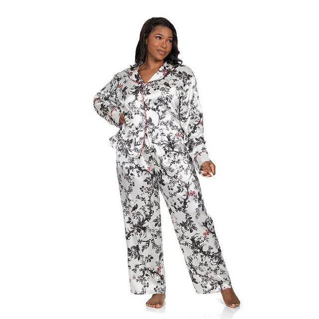 Plus Size Lilac+London Satin Notch Collar Pajama Top & Pajama Bottoms Set, Womens Product Image