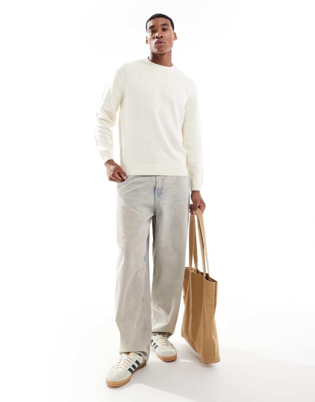 ONLY & SONS crew neck textured drop shoulder sweater in cream Product Image