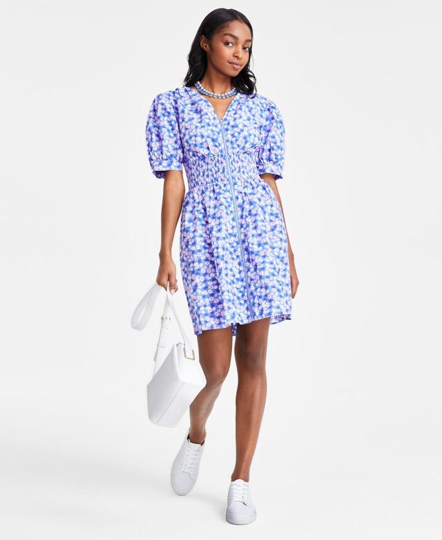 On 34th Womens Printed Cotton Zip-Front Puff-Sleeve Dress, Created for Macys Product Image