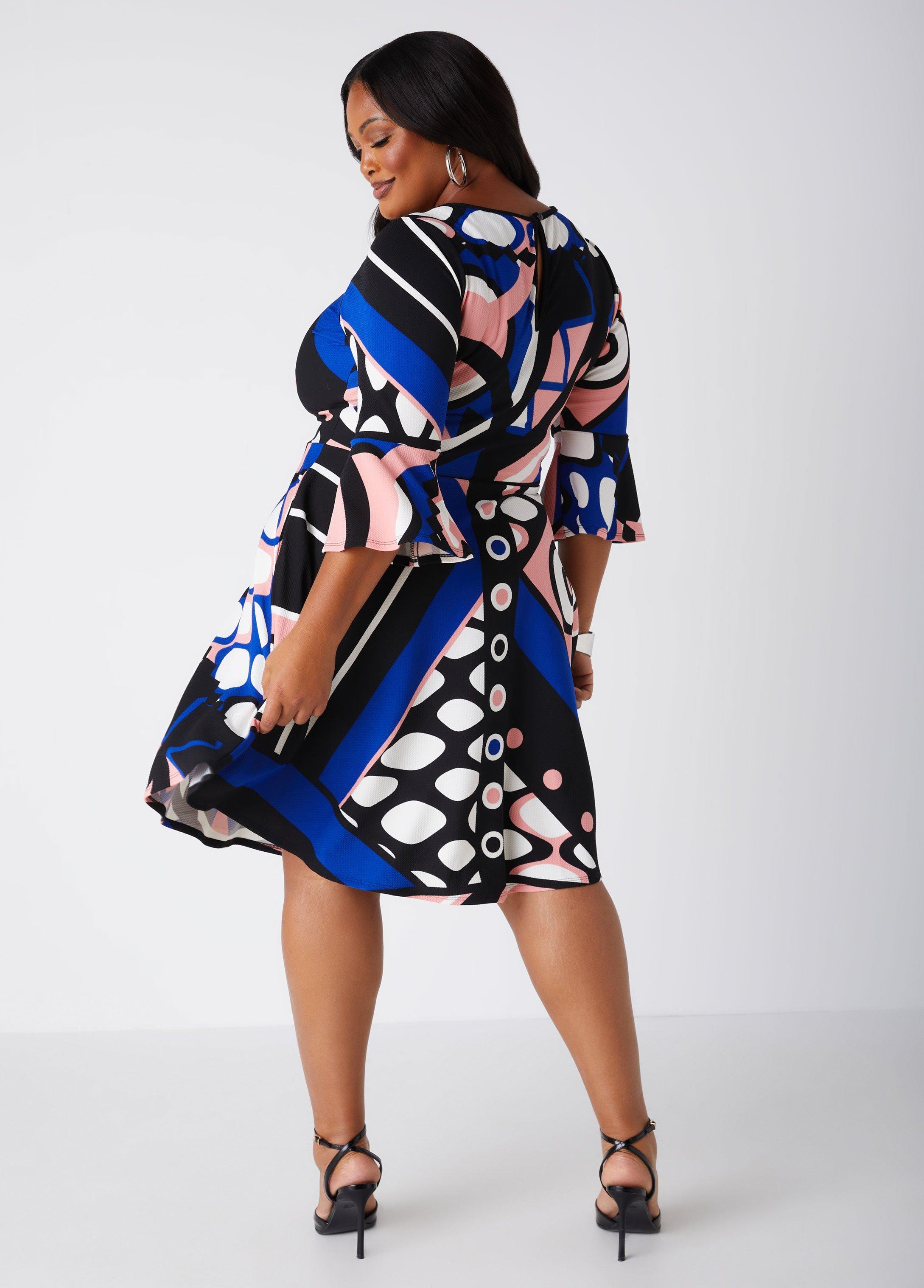 Plus Size Keyhole Geo Print A Line Dress Ashley Stewart Product Image