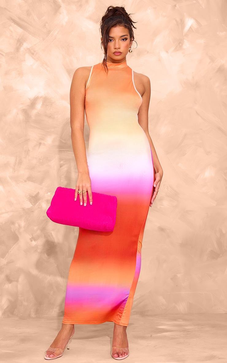 Orange Ombre Slinky Asymmetric Back Cut Out Sleeveless Maxi Dress Product Image