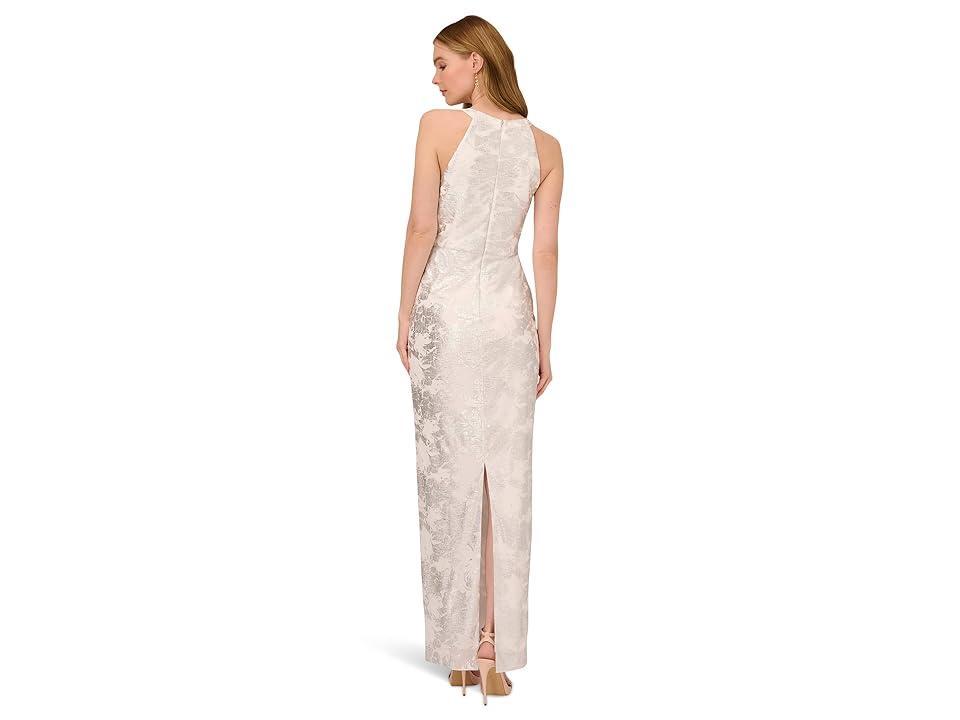 Adrianna Papell Long Sleeveless Foiled Halter Gown (Ivory/Silver) Women's Dress Product Image