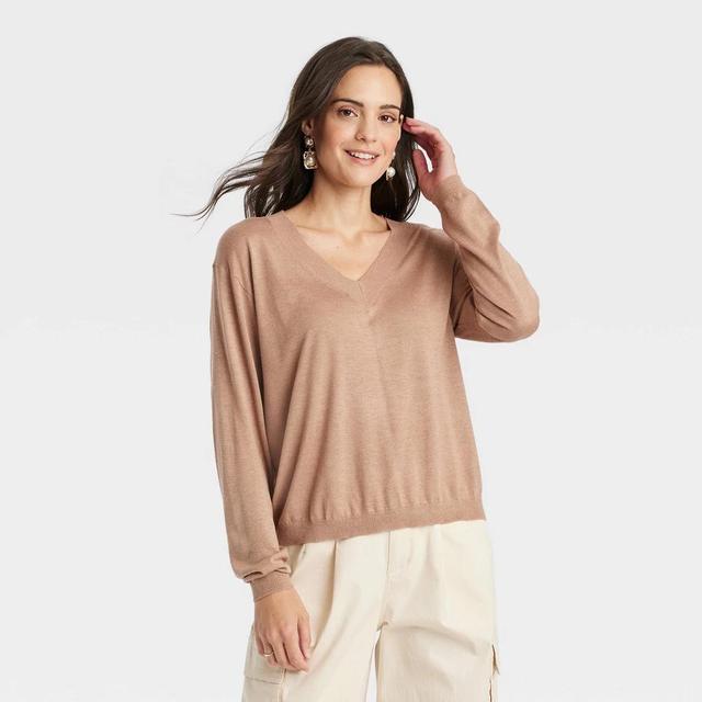 Womens Fine Gauge V-Neck Pullover Sweater - A New Day Camel XL Product Image