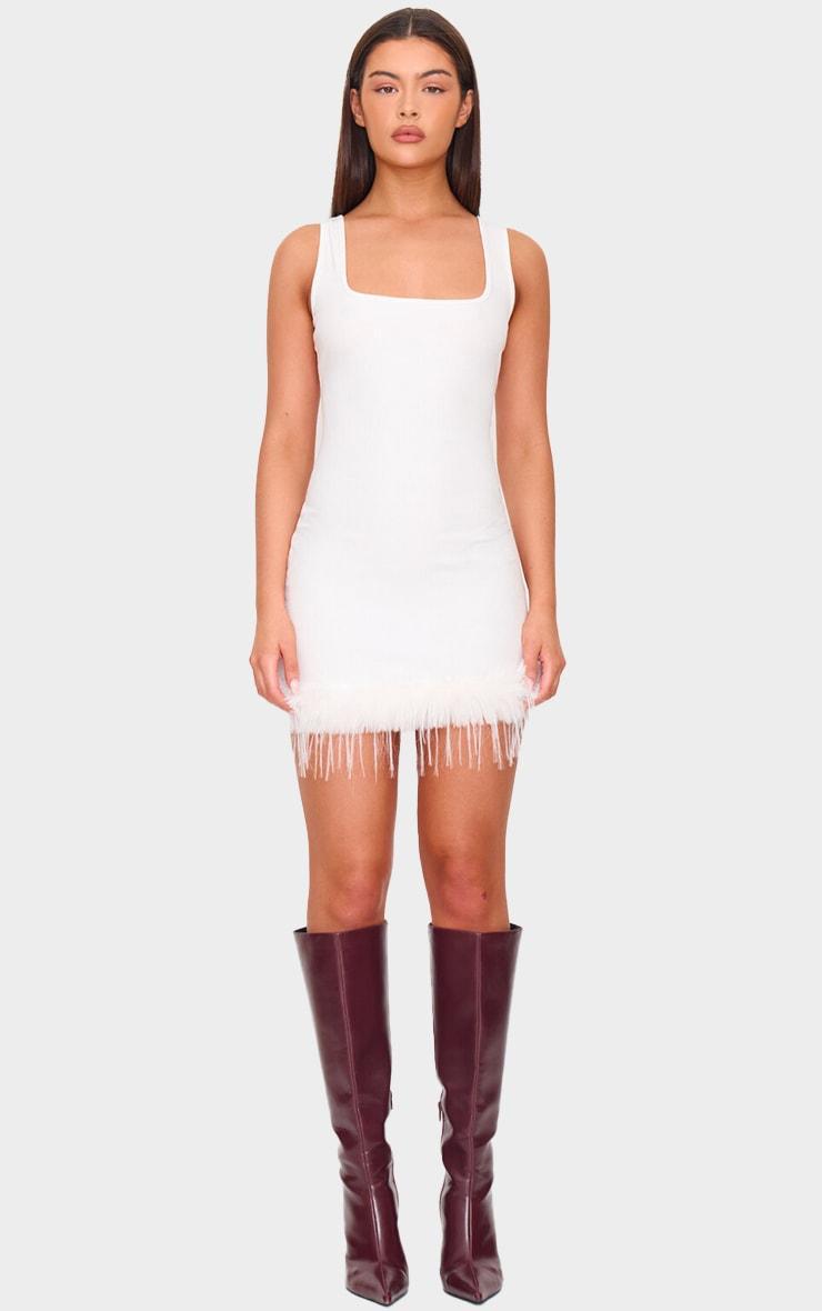 Cream Ribbed Feather Hem Bodycon Dress Product Image