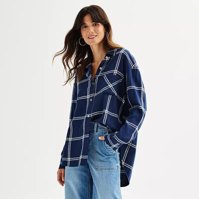 Womens Sonoma Goods For Life Oversized Boyfriend Flannel Pink Blue Plaid Product Image